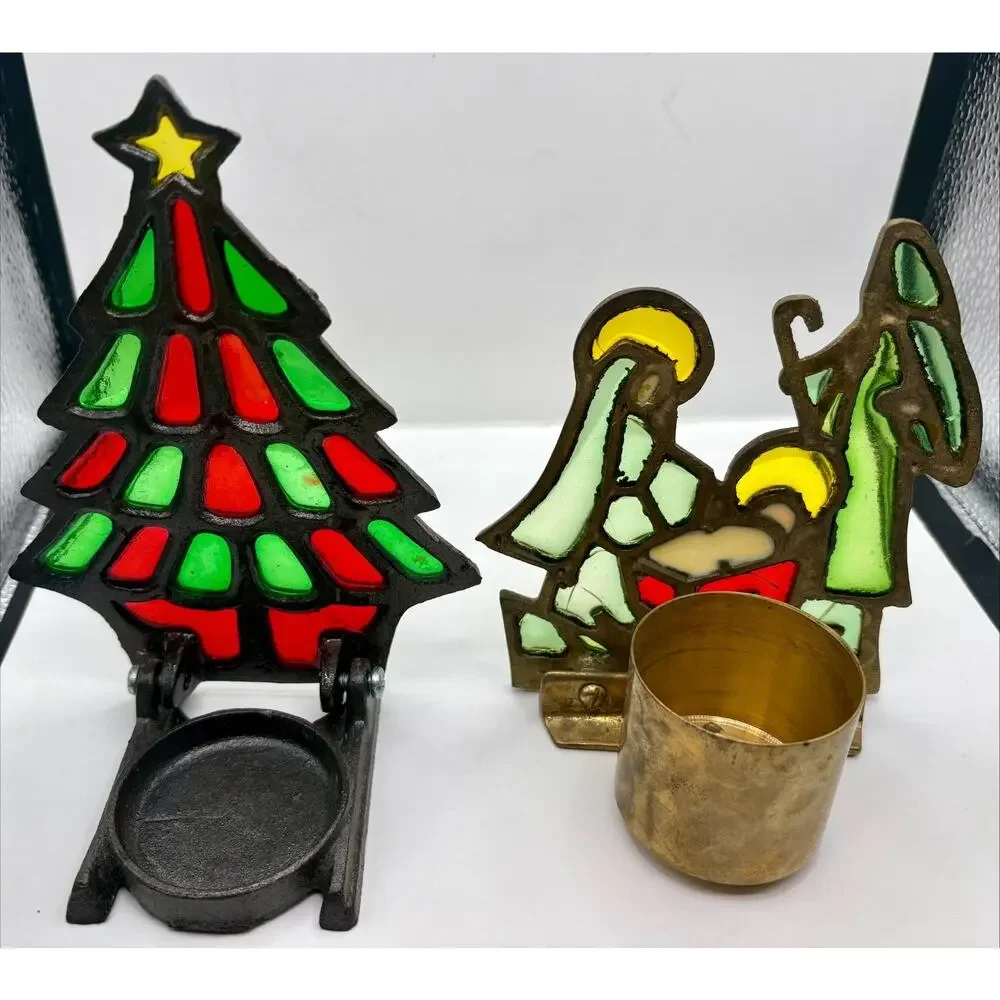 VTG Enesco Faux Stained Glass Christmas Tree and Nativity Scene Candle Holder